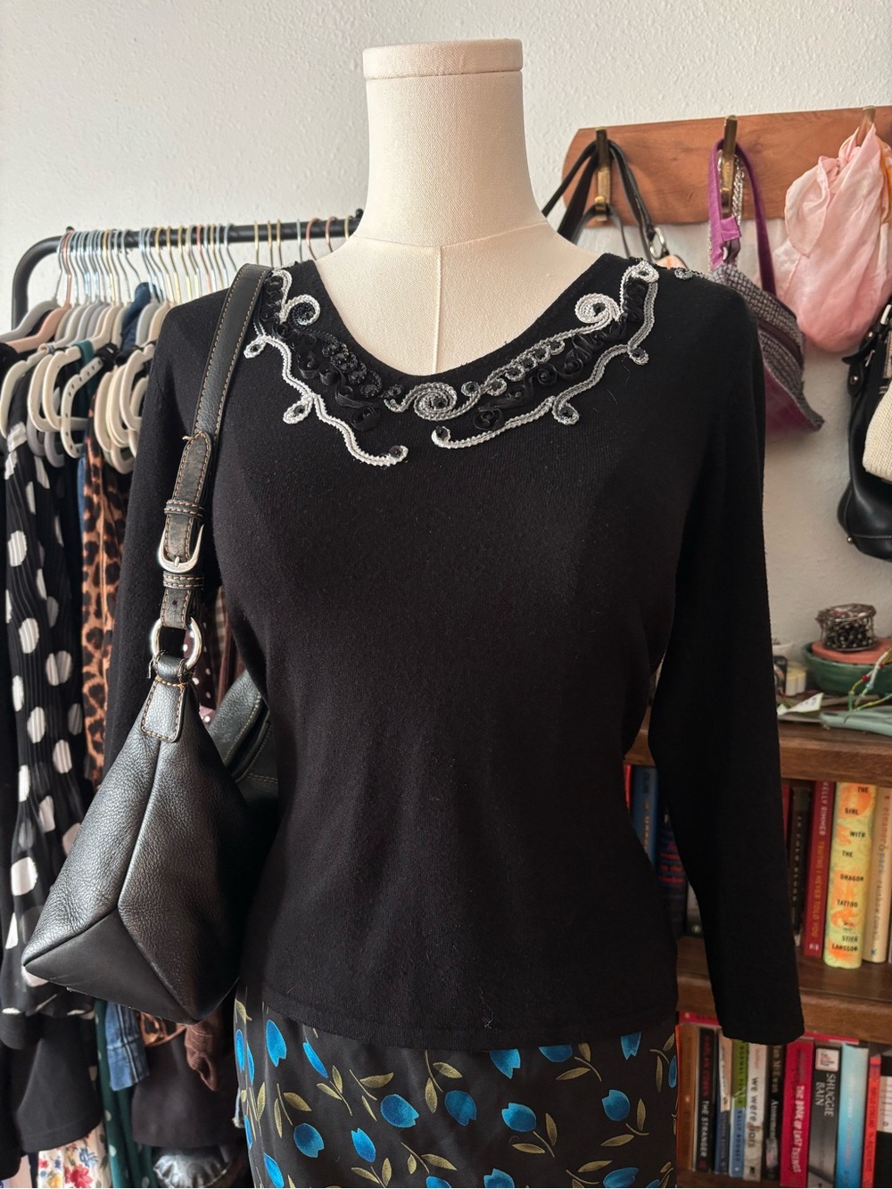 vintage whimsigoth black beaded sweater 3/4 sleeves fall fashion